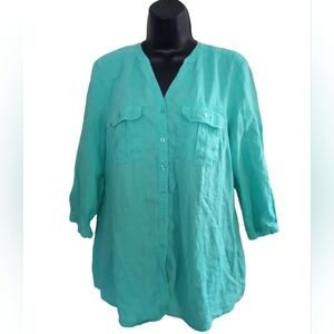 Nicole Miller Shirt Large 100% Linen Button-up Greenish Blue Ladies Lightweight